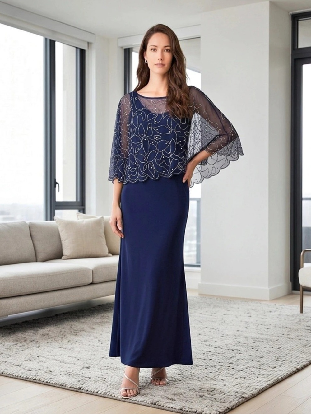 MSK Beaded Floral Sheer Capelet Bodice Flutter Sleeve Evening Gown